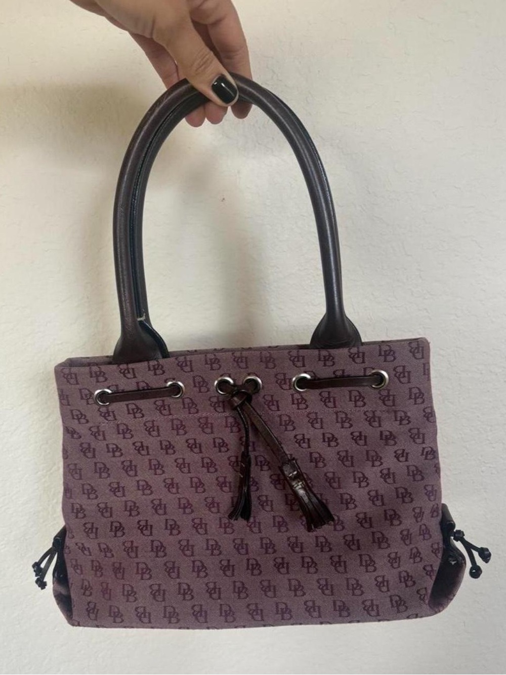 Dooney & Bourke Plum Monogram Tote with Tassel Drawstring